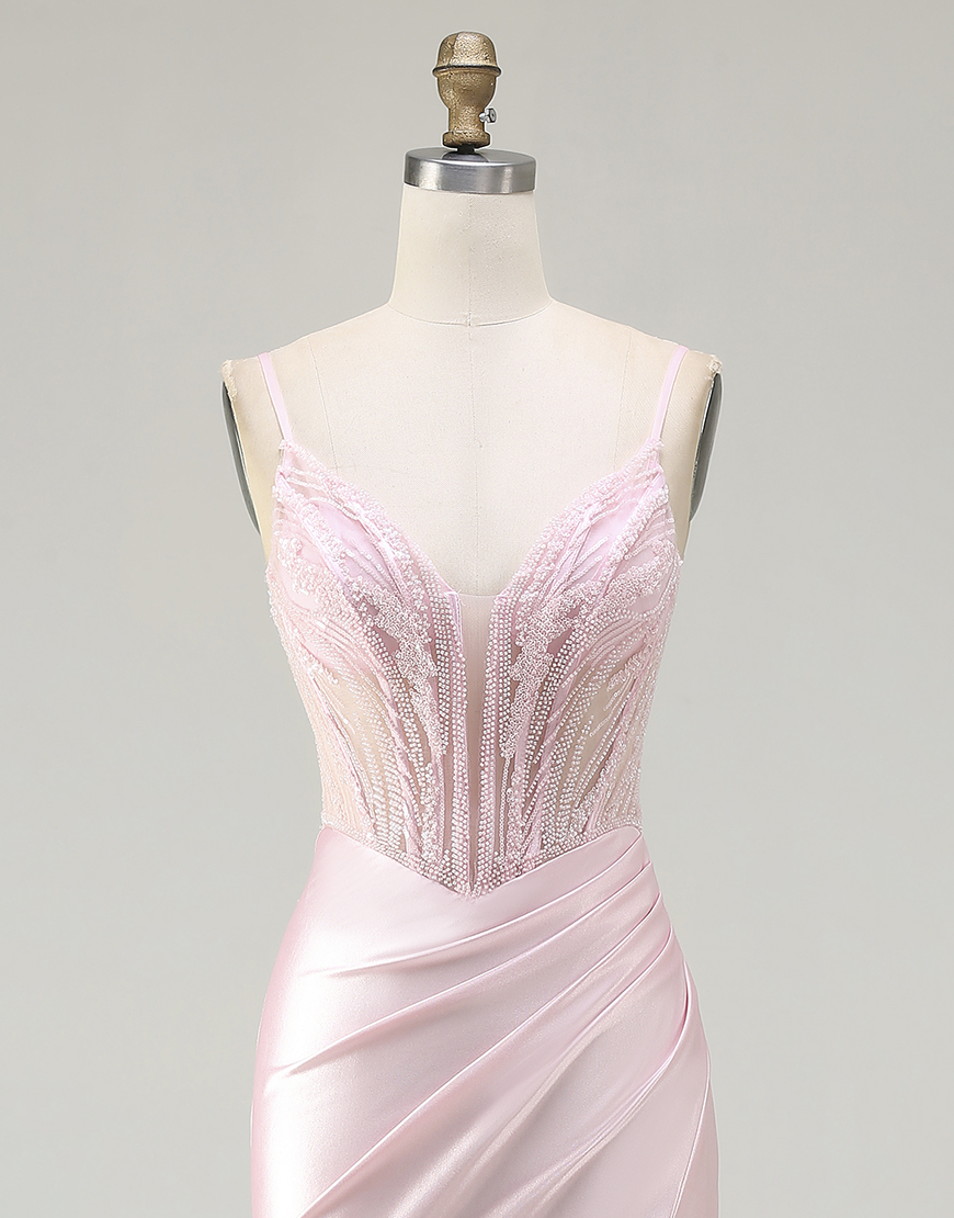 Sparkly Pink Beaded Long Corset Mermaid Satin Prom Dress with Slit
