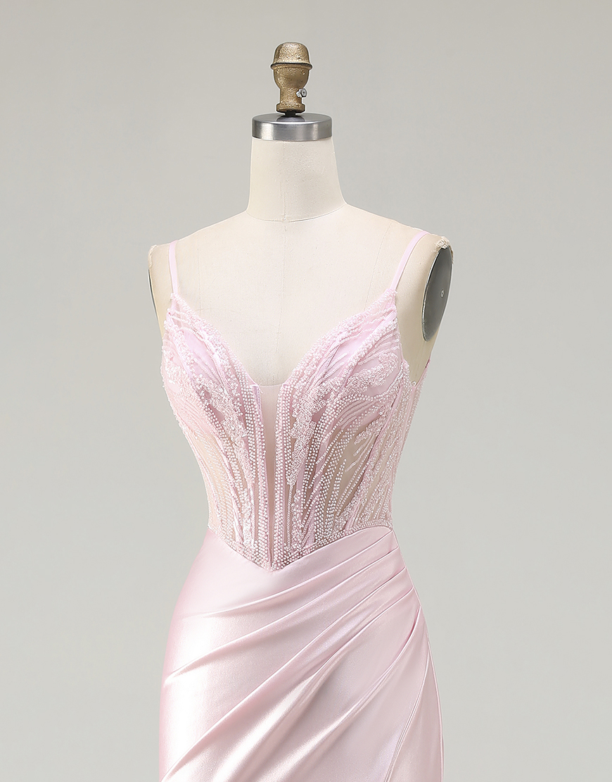 Sparkly Pink Beaded Long Corset Mermaid Satin Prom Dress with Slit