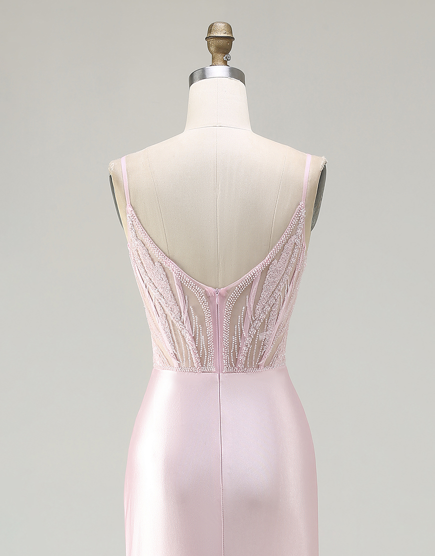 Sparkly Pink Beaded Long Corset Mermaid Satin Prom Dress with Slit