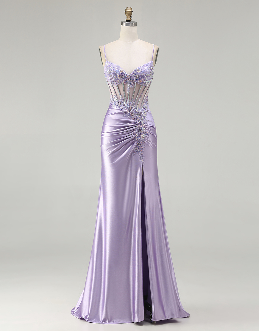 Sparkly Floral Light Purple Corset Sequin Long Prom Dress with Slit