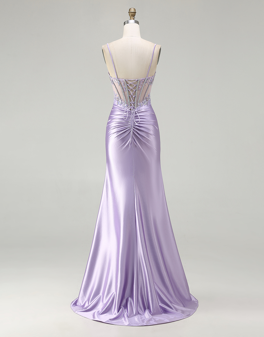 Sparkly Floral Light Purple Corset Sequin Long Prom Dress with Slit