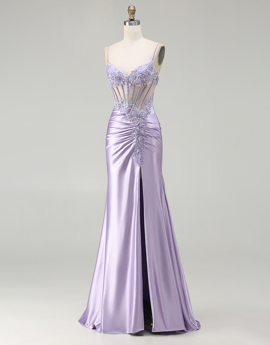 Sparkly Floral Light Purple Corset Sequin Long Prom Dress with Slit