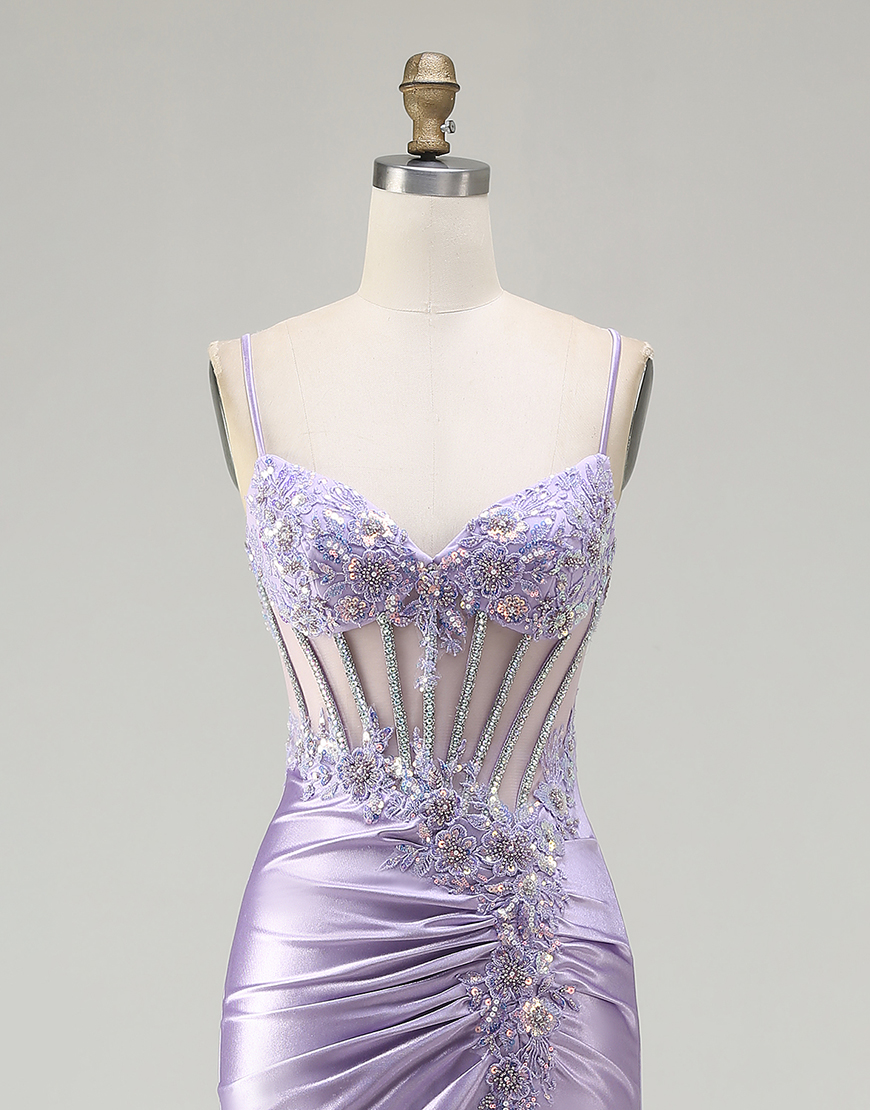 Sparkly Floral Light Purple Corset Sequin Long Prom Dress with Slit
