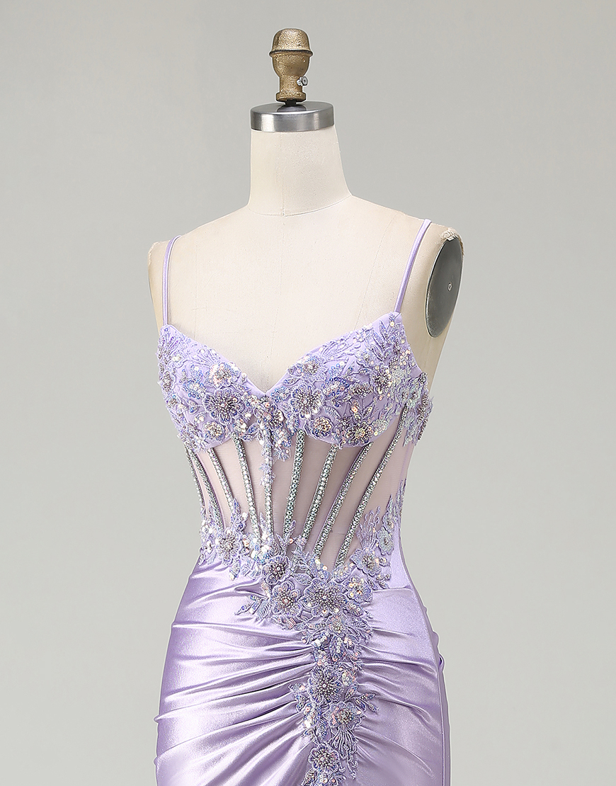 Sparkly Floral Light Purple Corset Sequin Long Prom Dress with Slit