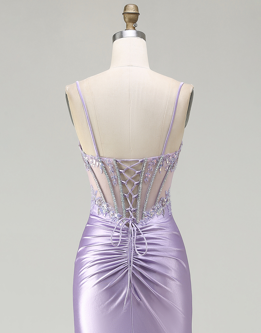 Sparkly Floral Light Purple Corset Sequin Long Prom Dress with Slit