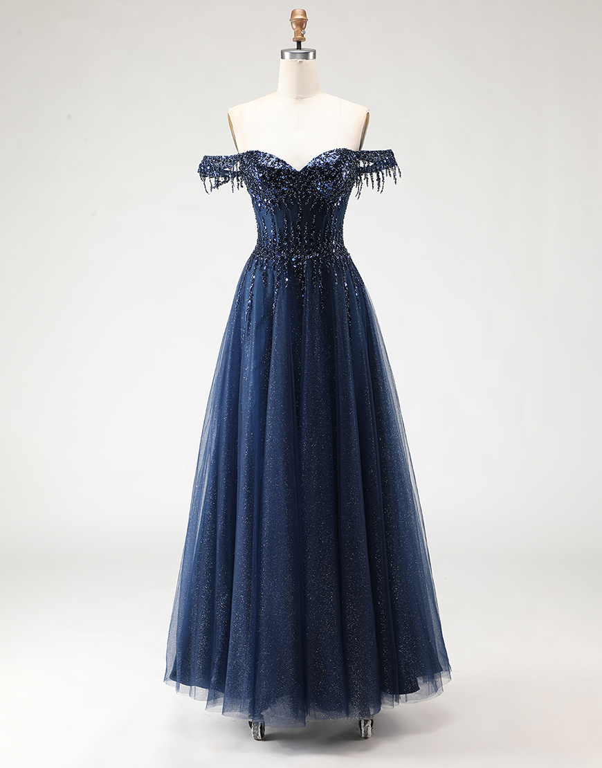 Sparkly Navy Corset A-Line Tulle Long Prom Dress with Beading