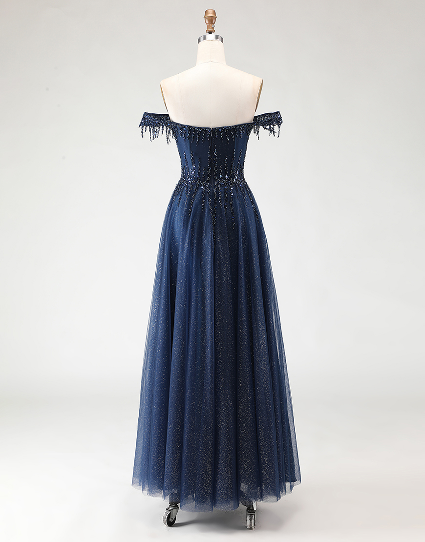 Sparkly Navy Corset A-Line Tulle Long Prom Dress with Beading