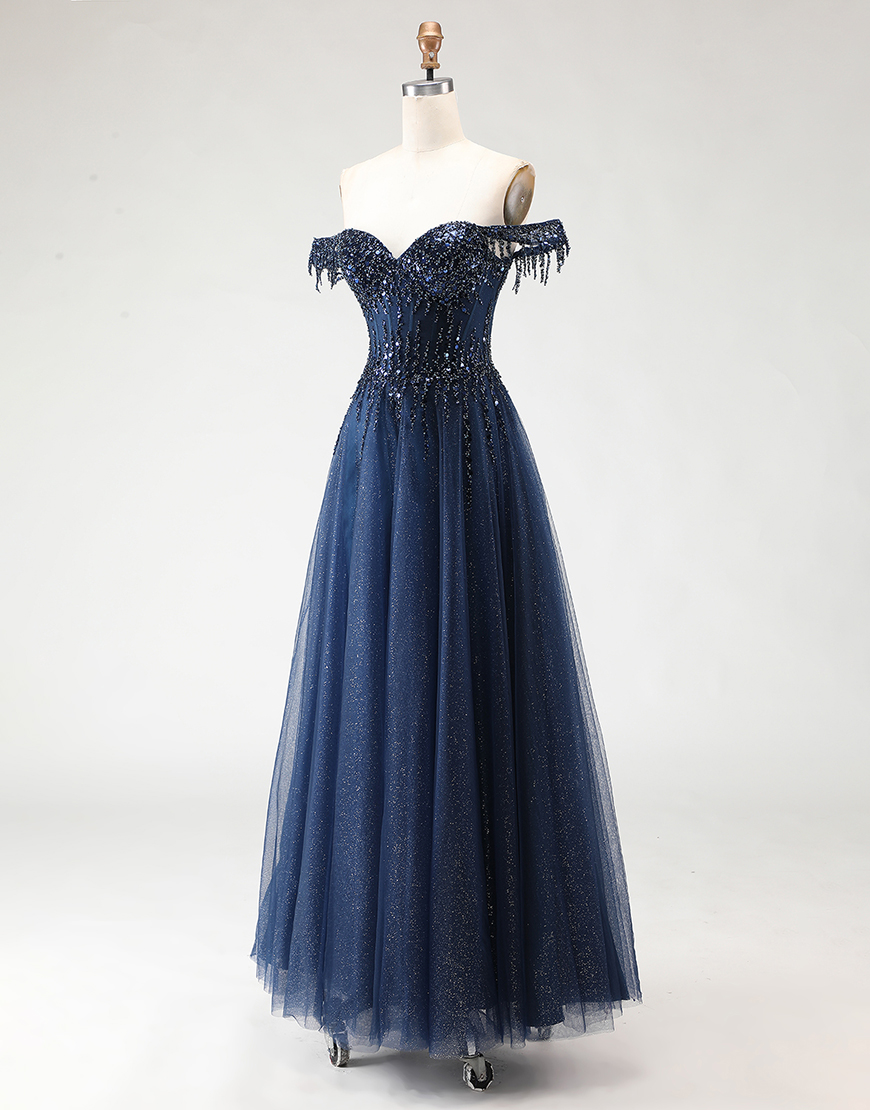 Sparkly Navy Corset A-Line Tulle Long Prom Dress with Beading