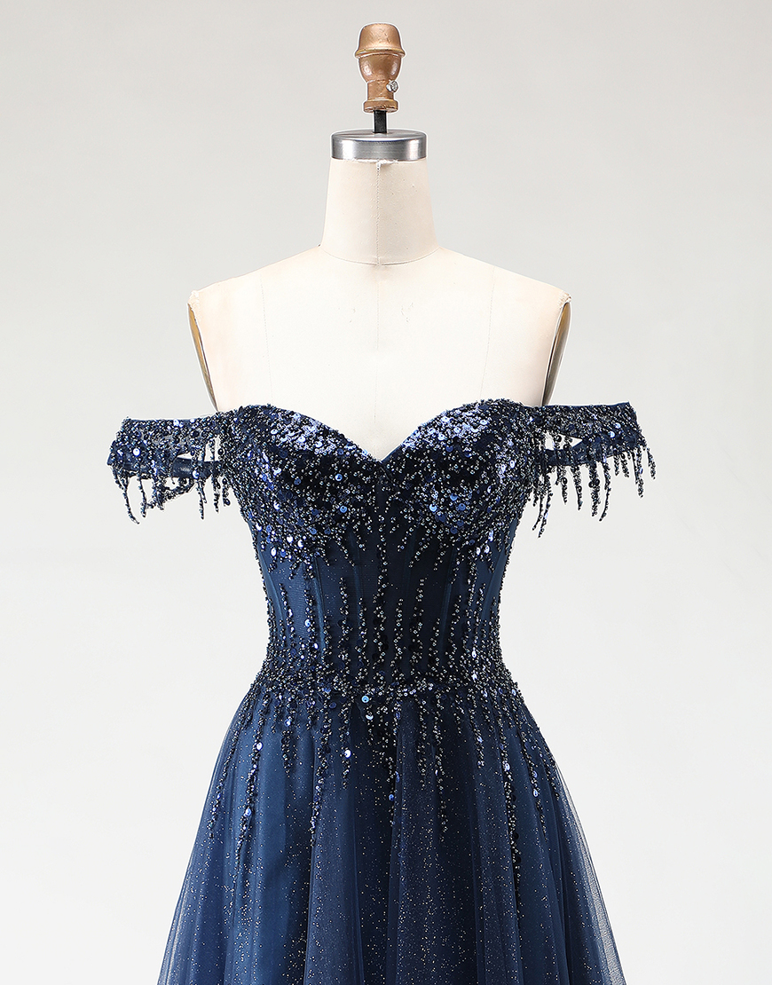 Sparkly Navy Corset A-Line Tulle Long Prom Dress with Beading