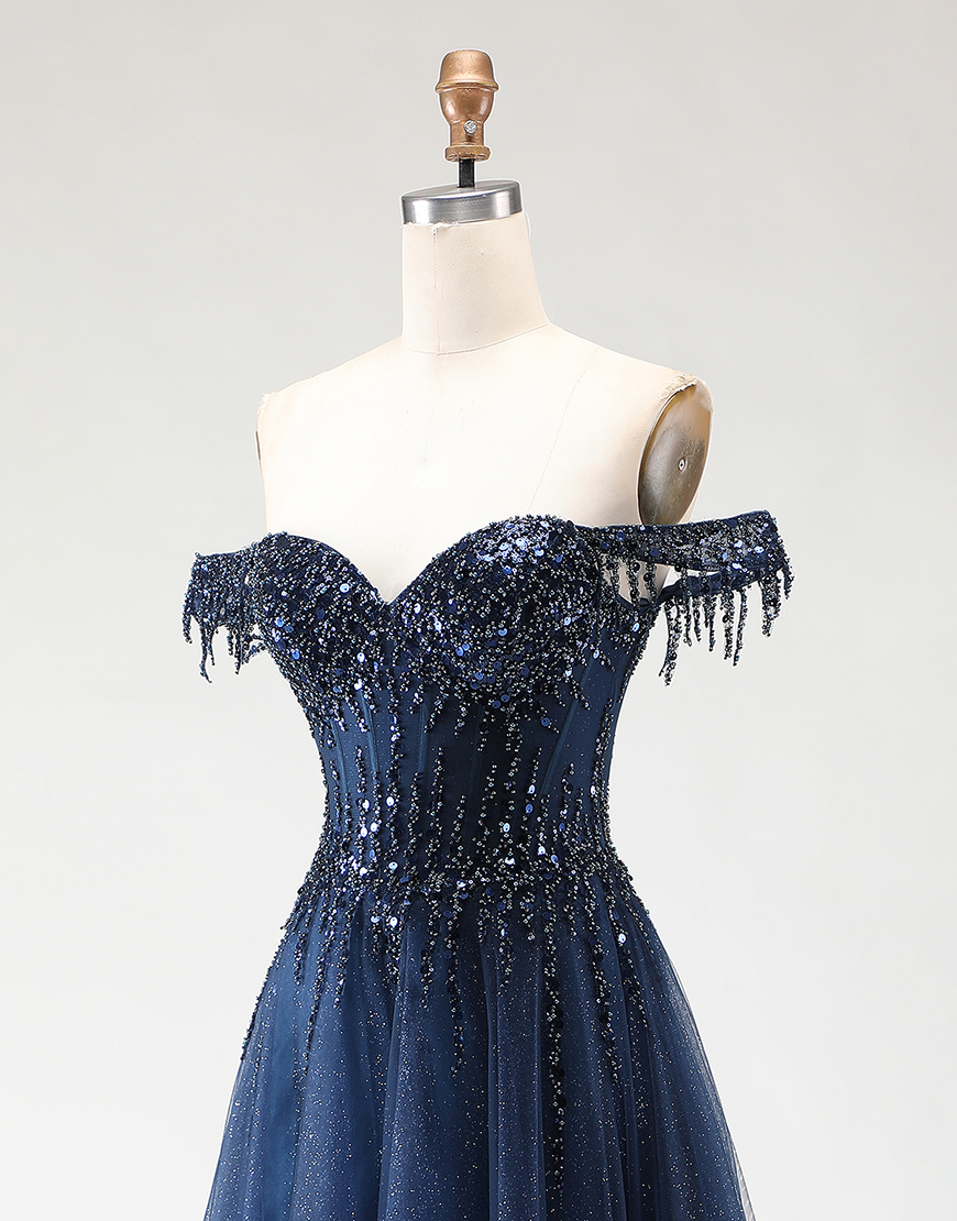 Sparkly Navy Corset A-Line Tulle Long Prom Dress with Beading