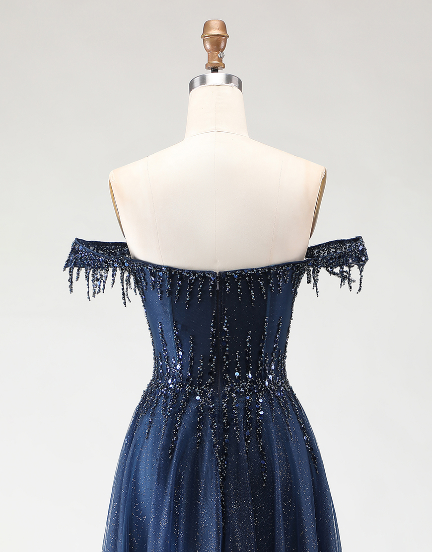 Sparkly Navy Corset A-Line Tulle Long Prom Dress with Beading