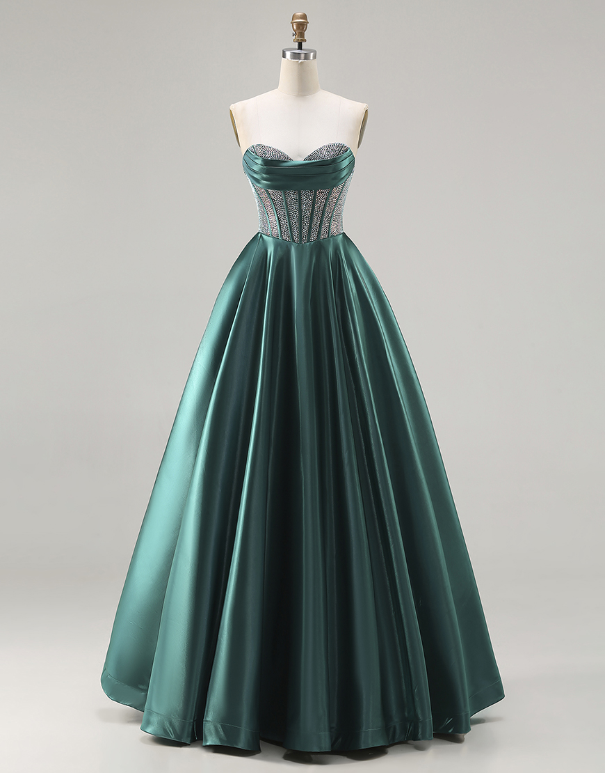 Sparkly Dark Green Sweetheart Long Corset Satin Prom Dress with Beading