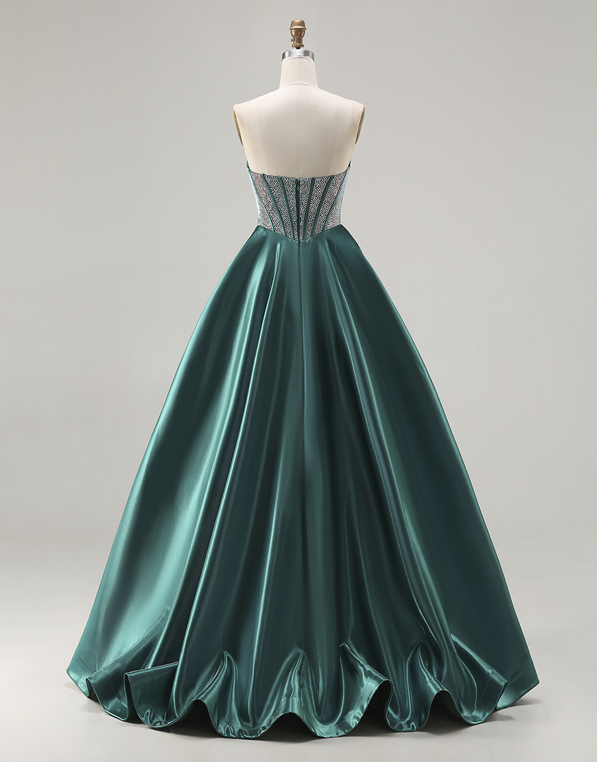 Sparkly Dark Green Sweetheart Long Corset Satin Prom Dress with Beading