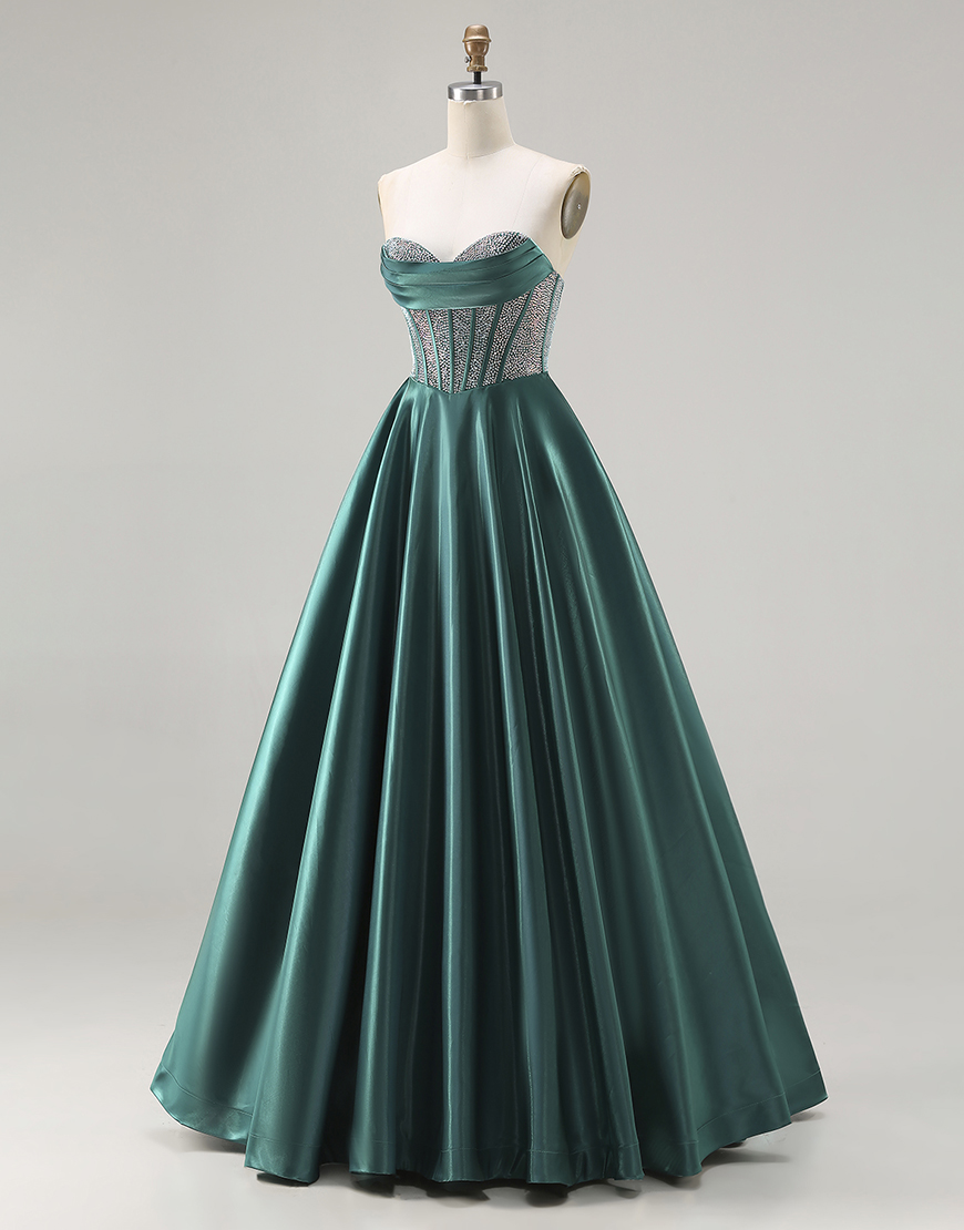 Sparkly Dark Green Sweetheart Long Corset Satin Prom Dress with Beading
