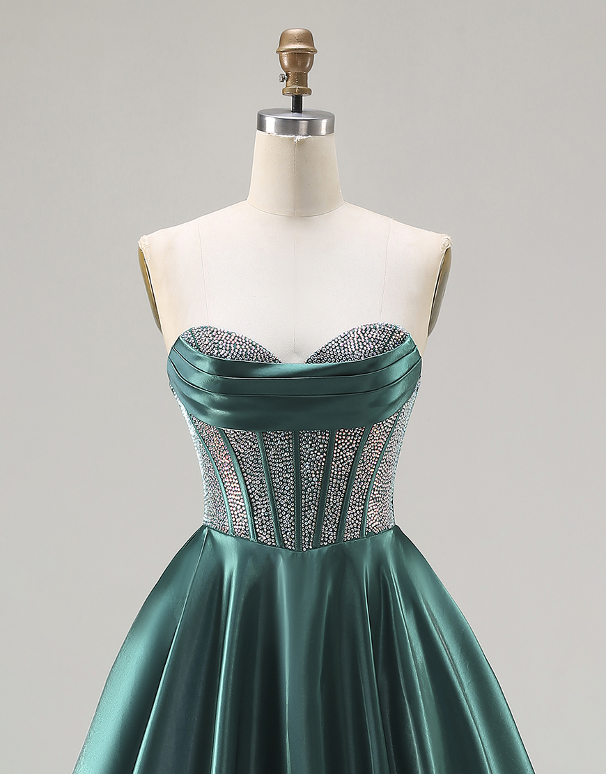Sparkly Dark Green Sweetheart Long Corset Satin Prom Dress with Beading