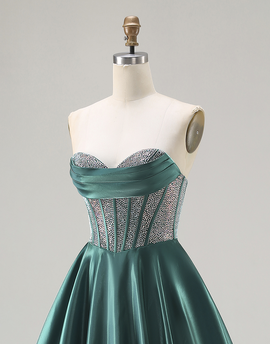 Sparkly Dark Green Sweetheart Long Corset Satin Prom Dress with Beading