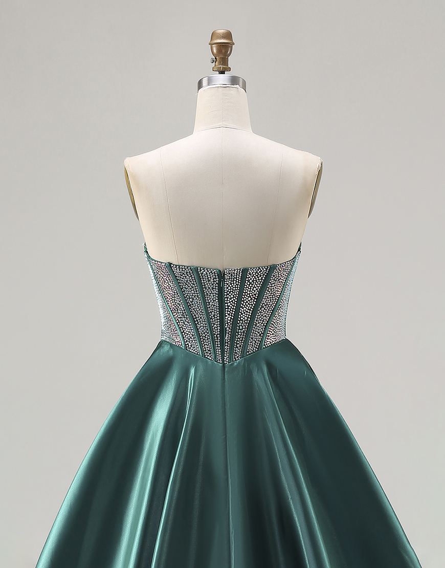 Sparkly Dark Green Sweetheart Long Corset Satin Prom Dress with Beading