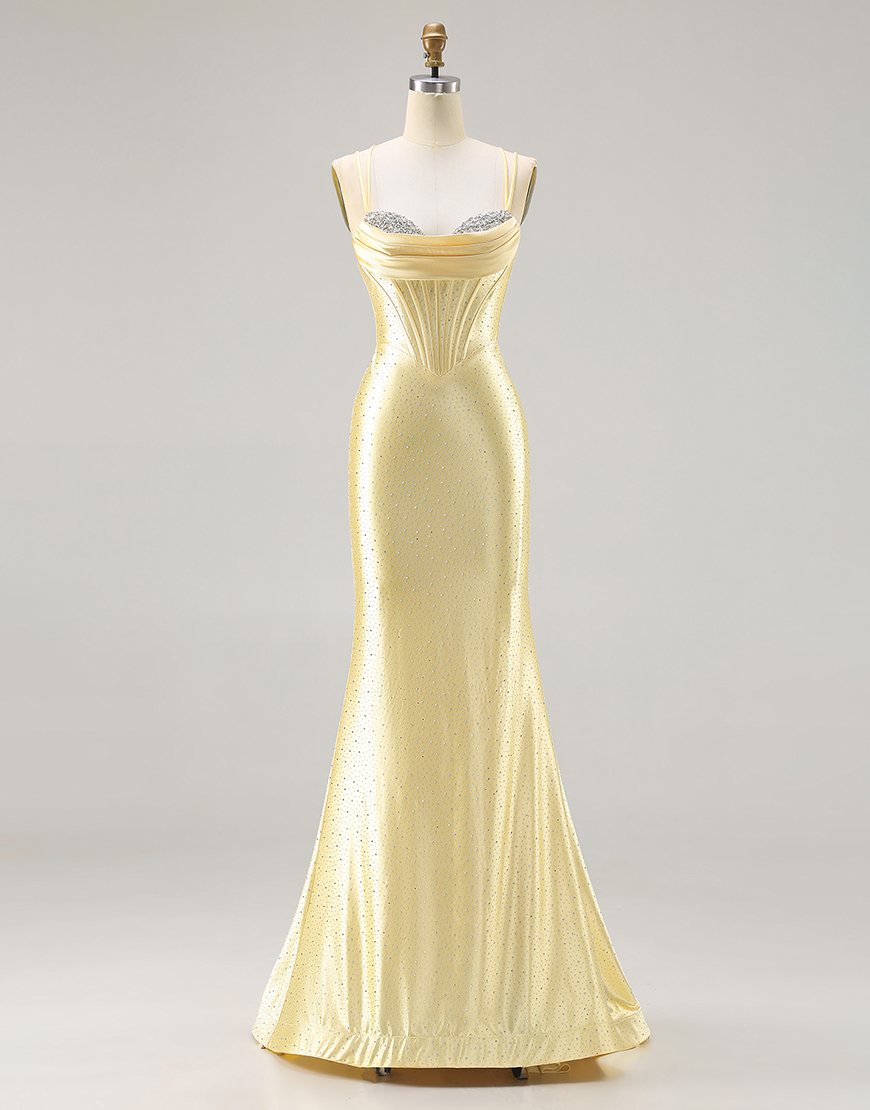 Sparkly Light Yellow Corset Satin Beaded Long Mermaid Prom Dress