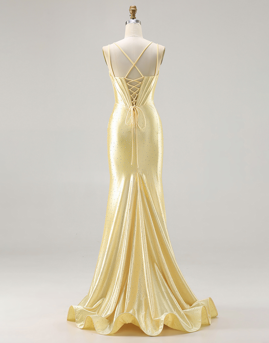 Sparkly Light Yellow Corset Satin Beaded Long Mermaid Prom Dress