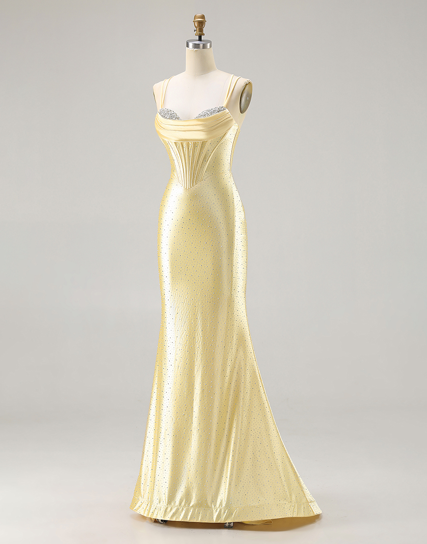 Sparkly Light Yellow Corset Satin Beaded Long Mermaid Prom Dress