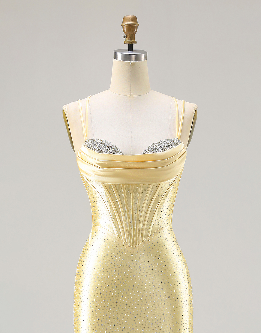 Sparkly Light Yellow Corset Satin Beaded Long Mermaid Prom Dress