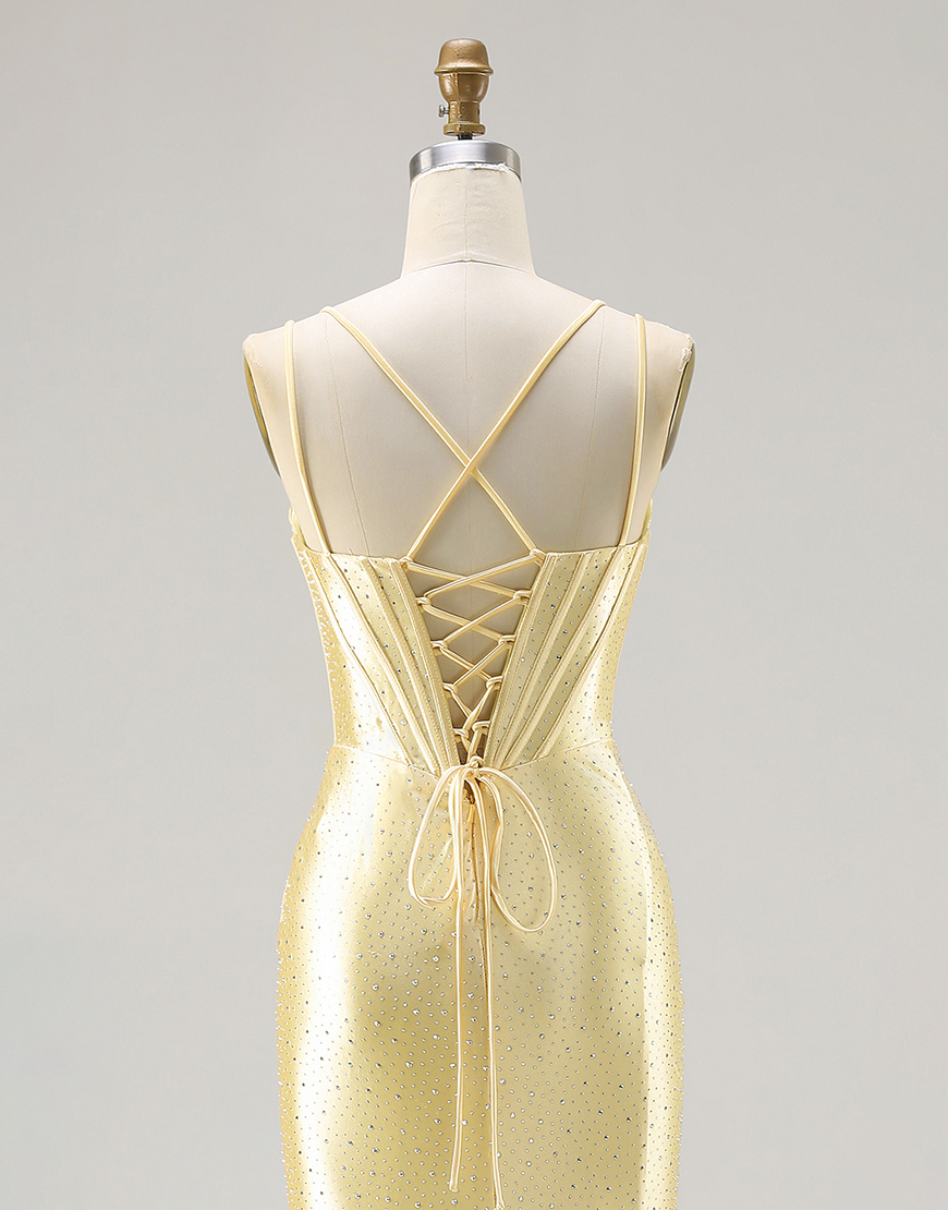 Sparkly Light Yellow Corset Satin Beaded Long Mermaid Prom Dress