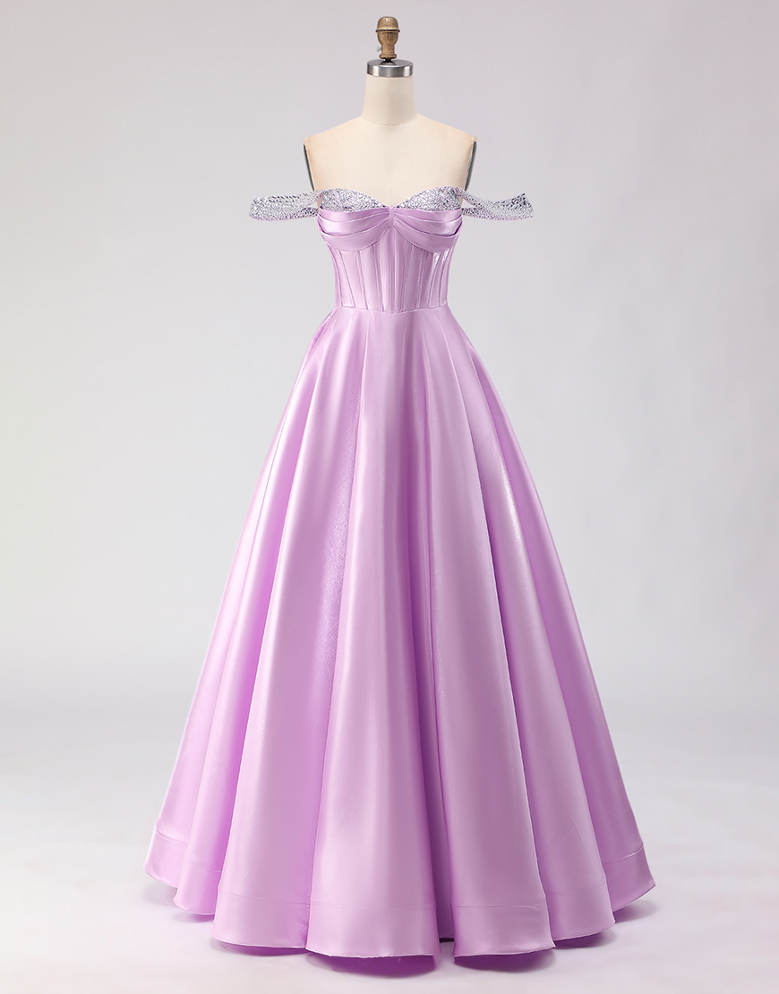Berlinnova Women Sparkly Light Purple Corset Long Prom Dress with Beading A Line Satin Off the Shoulder Lace Up Back Formal Dress