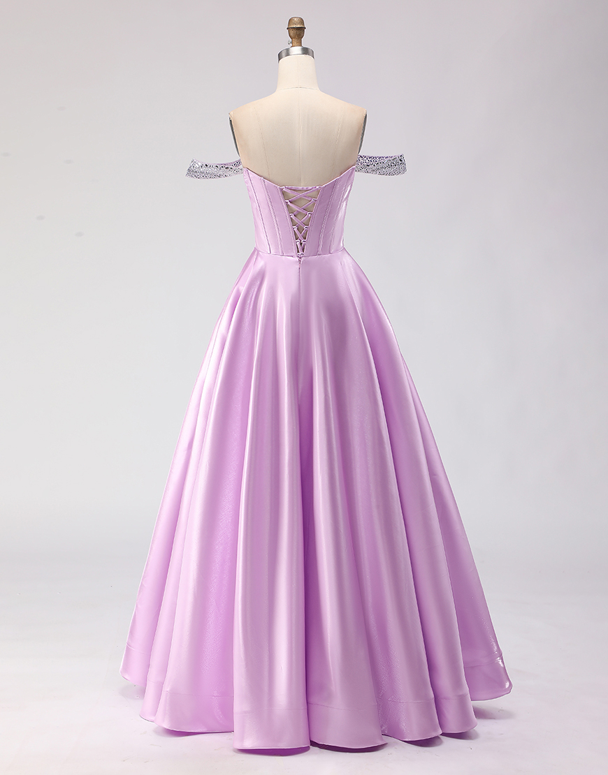 Sparkly Light Purple Off the Shoulder Corset Long A Line Prom Dress with Beading