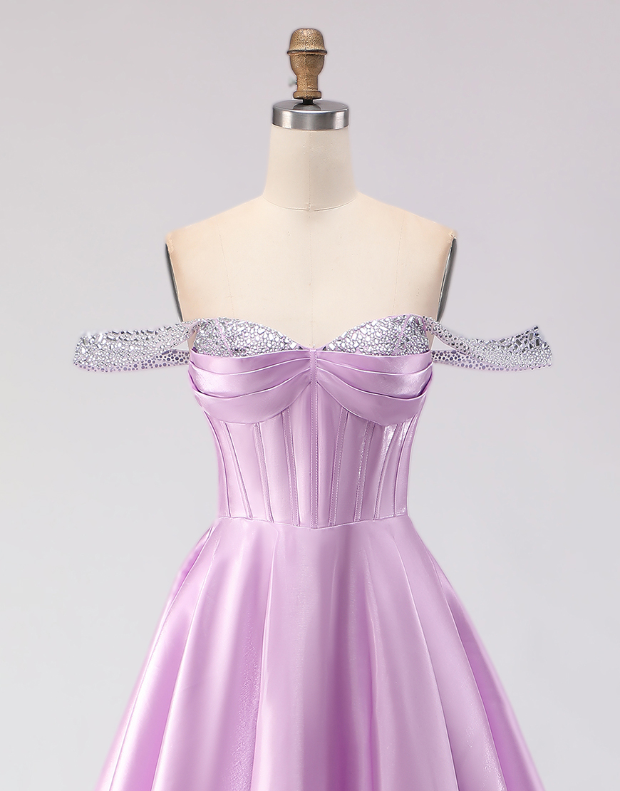 Sparkly Light Purple Off the Shoulder Corset Long A Line Prom Dress with Beading