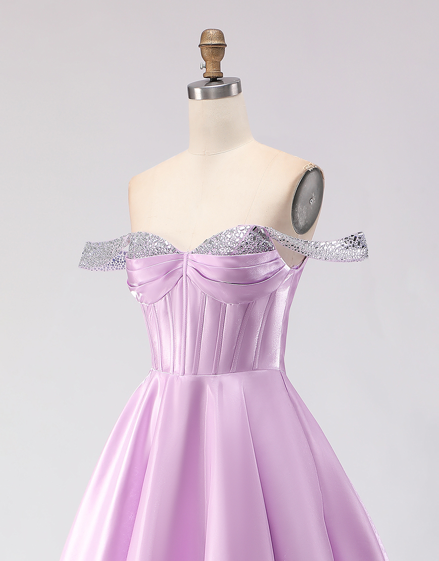 Sparkly Light Purple Off the Shoulder Corset Long A Line Prom Dress with Beading