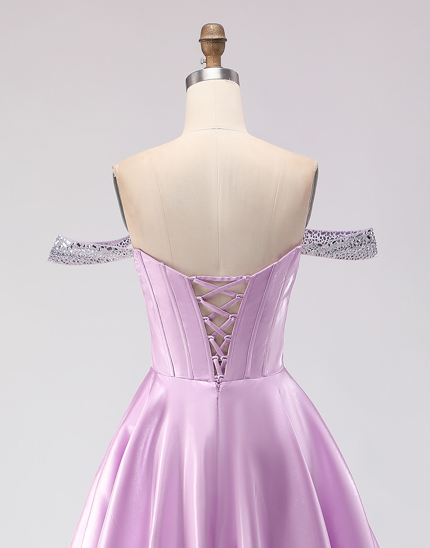 Sparkly Light Purple Off the Shoulder Corset Long A Line Prom Dress with Beading