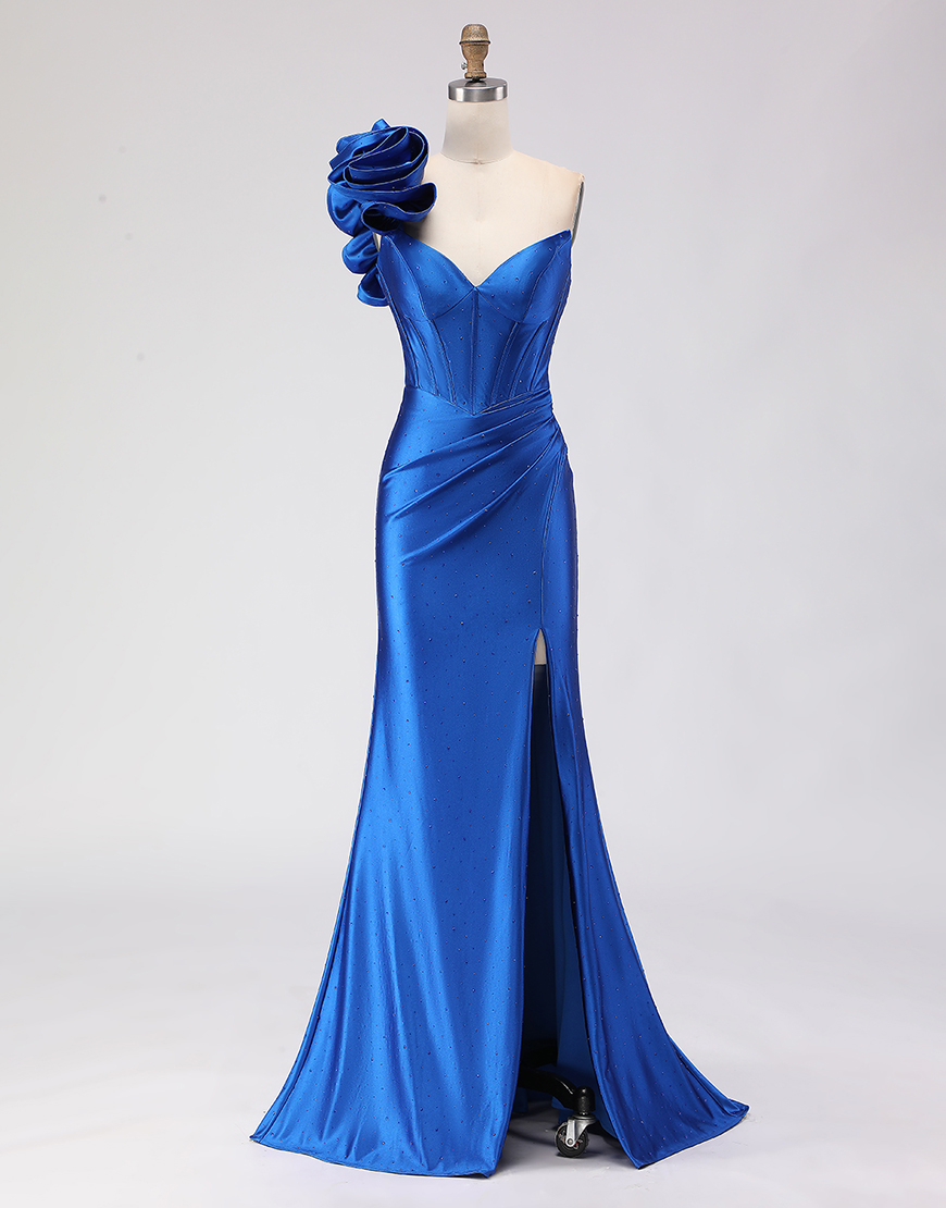 Royal Blue Beaded Satin Mermaid Long Corset Prom Dress with Slit