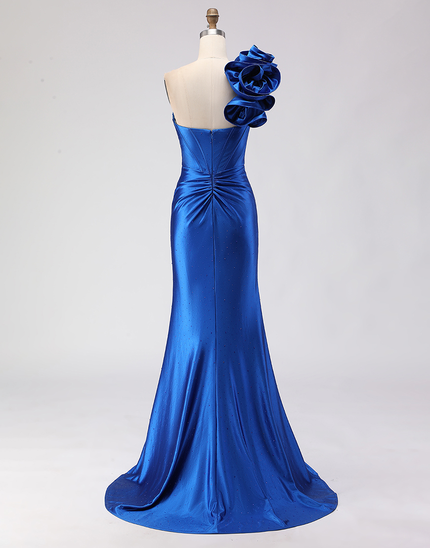 Royal Blue Beaded Satin Mermaid Long Corset Prom Dress with Slit