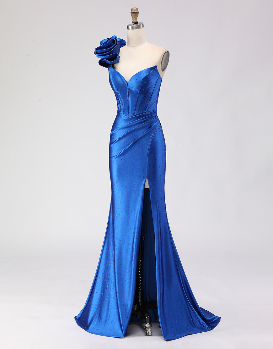 Royal Blue Beaded Satin Mermaid Long Corset Prom Dress with Slit