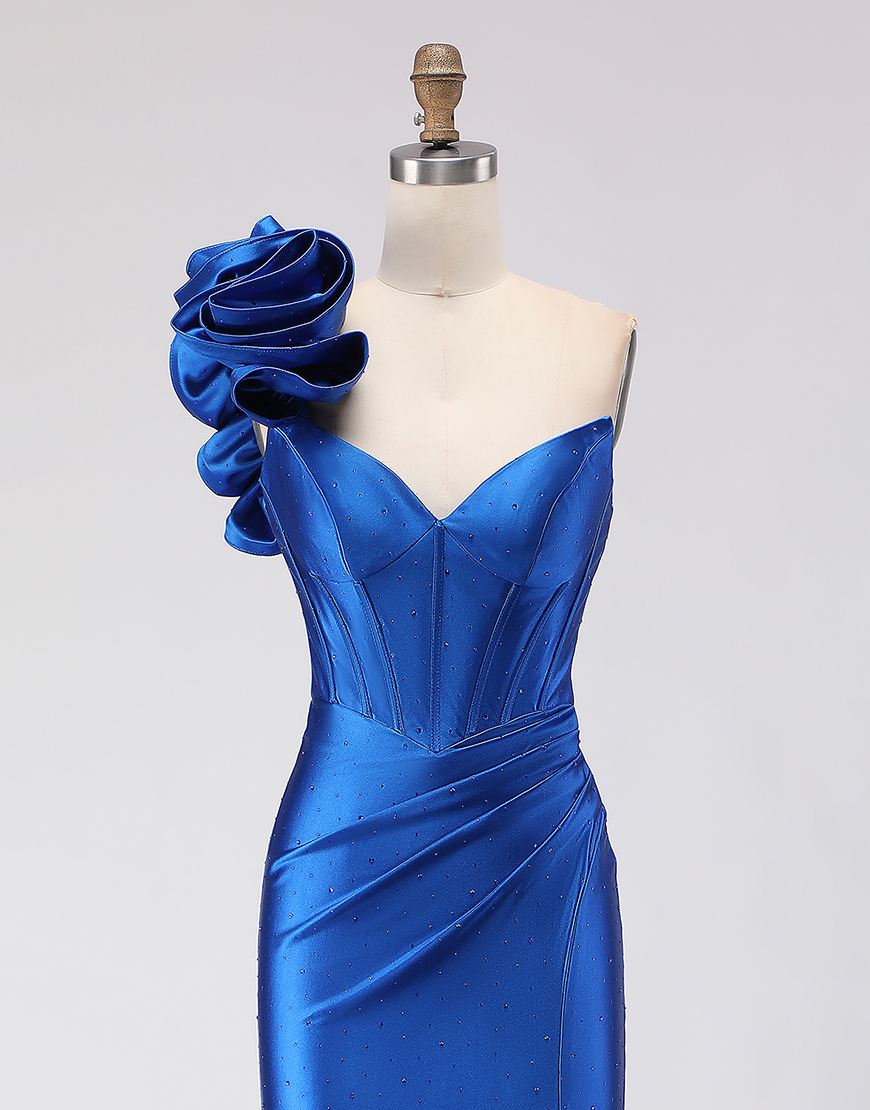 Royal Blue Beaded Satin Mermaid Long Corset Prom Dress with Slit