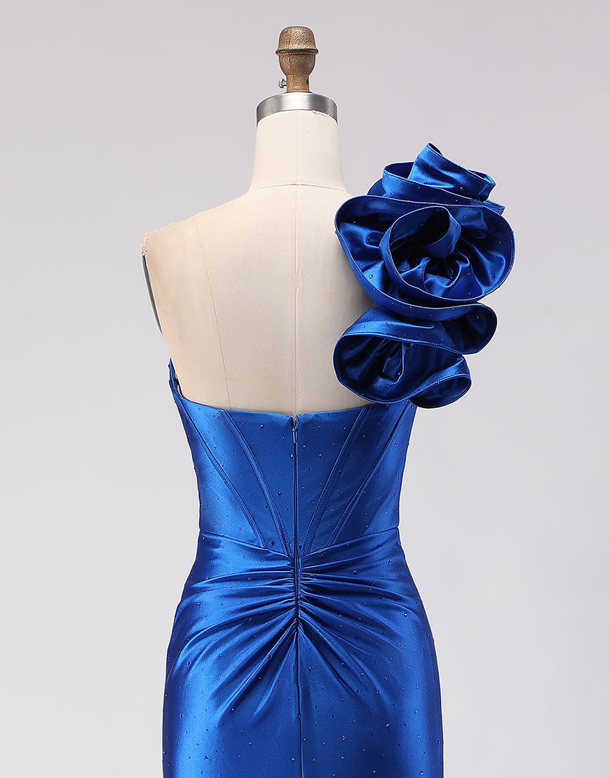 Royal Blue Beaded Satin Mermaid Long Corset Prom Dress with Slit
