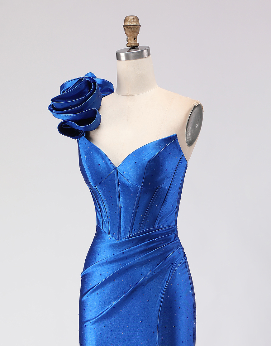 Royal Blue Beaded Satin Mermaid Long Corset Prom Dress with Slit