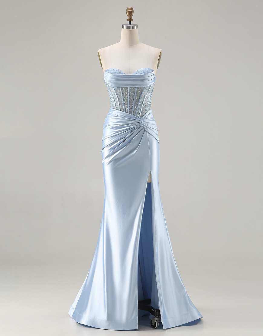 Sparkly Sky Blue Corset Sweetheart Beaded Long Mermaid Prom Dress with Slit
