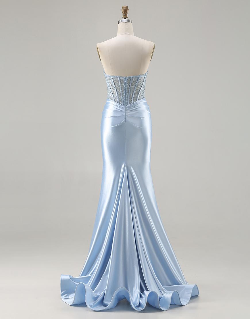 Sparkly Sky Blue Corset Sweetheart Beaded Long Mermaid Prom Dress with Slit