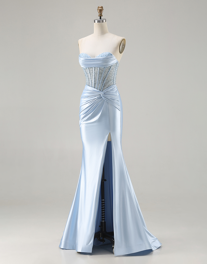 Sparkly Sky Blue Corset Sweetheart Beaded Long Mermaid Prom Dress with Slit