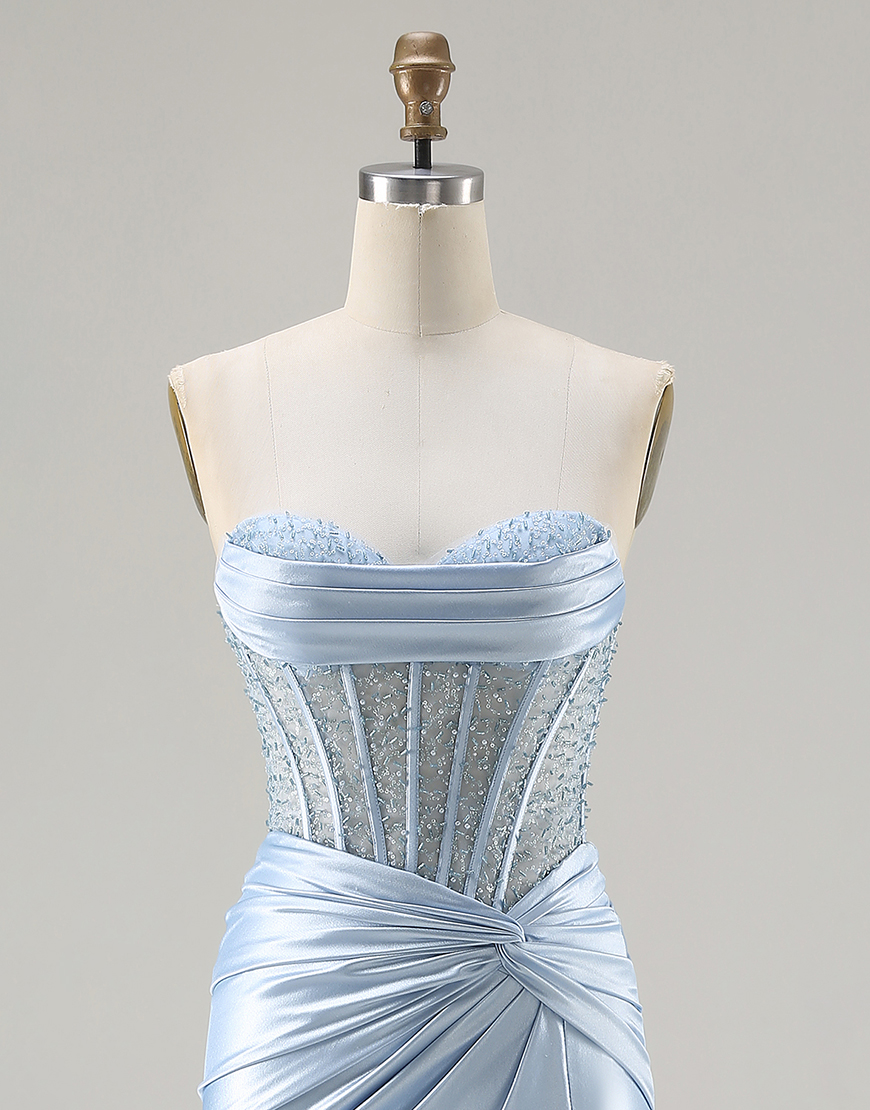 Sparkly Sky Blue Corset Sweetheart Beaded Long Mermaid Prom Dress with Slit