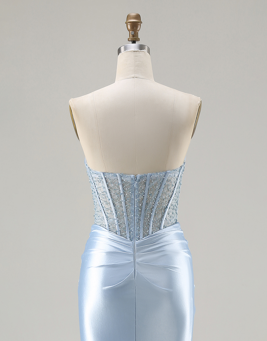 Sparkly Sky Blue Corset Sweetheart Beaded Long Mermaid Prom Dress with Slit