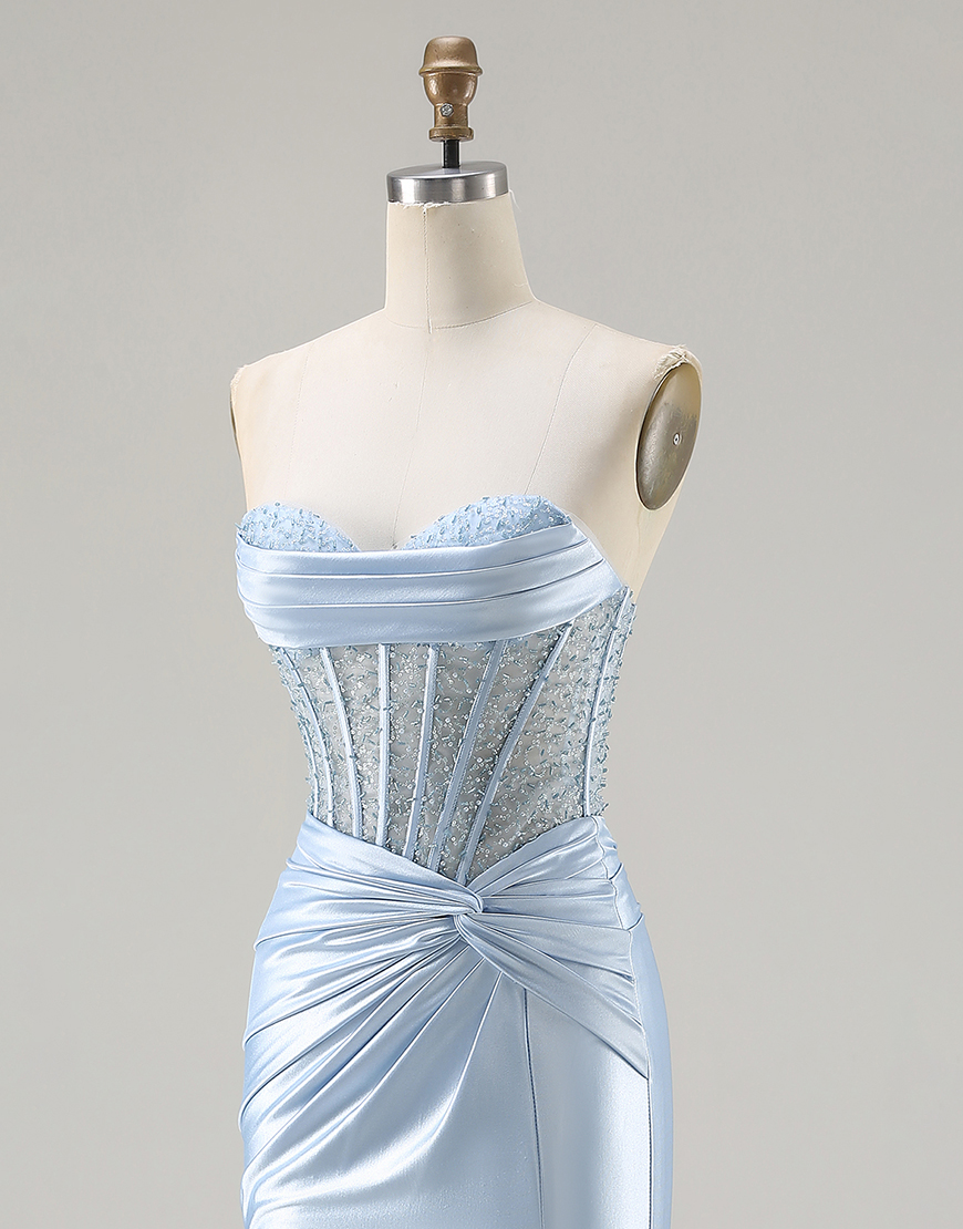 Sparkly Sky Blue Corset Sweetheart Beaded Long Mermaid Prom Dress with Slit
