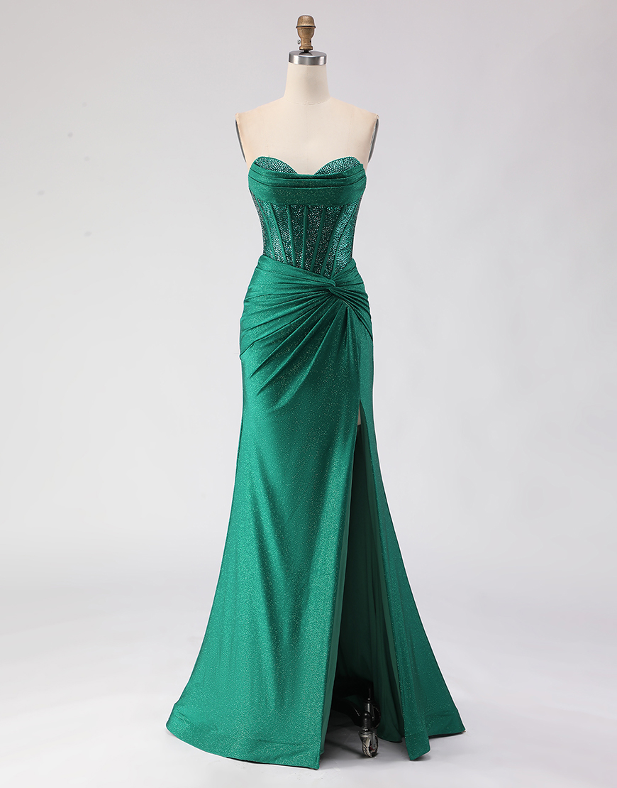 Sparkly Dark Green Corset Sweetheart Mermaid Long Prom Dress with Slit