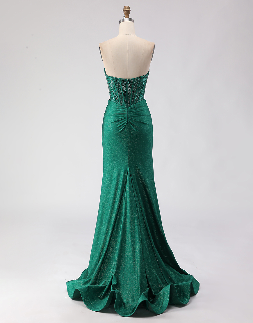 Sparkly Dark Green Corset Sweetheart Mermaid Long Prom Dress with Slit