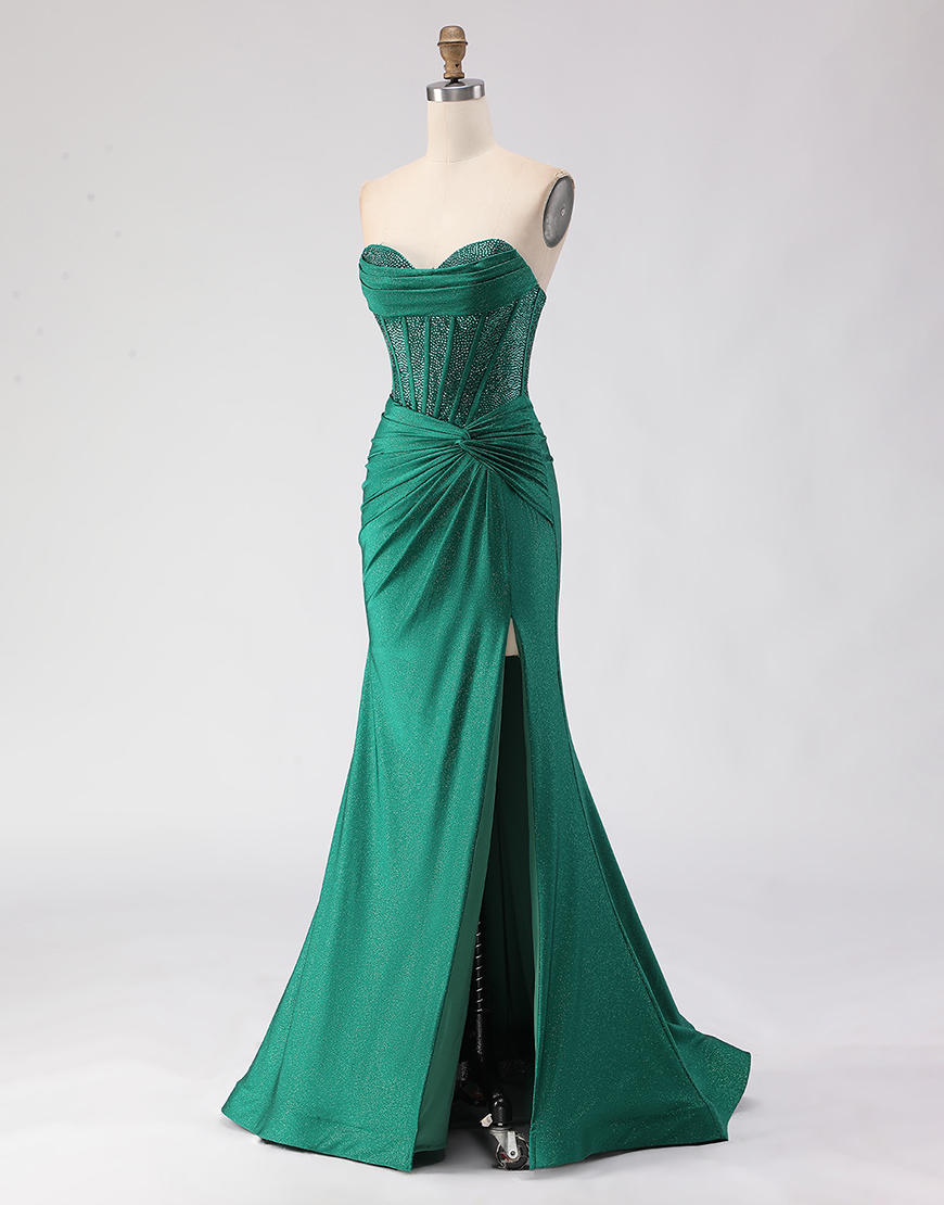 Sparkly Dark Green Corset Sweetheart Mermaid Long Prom Dress with Slit