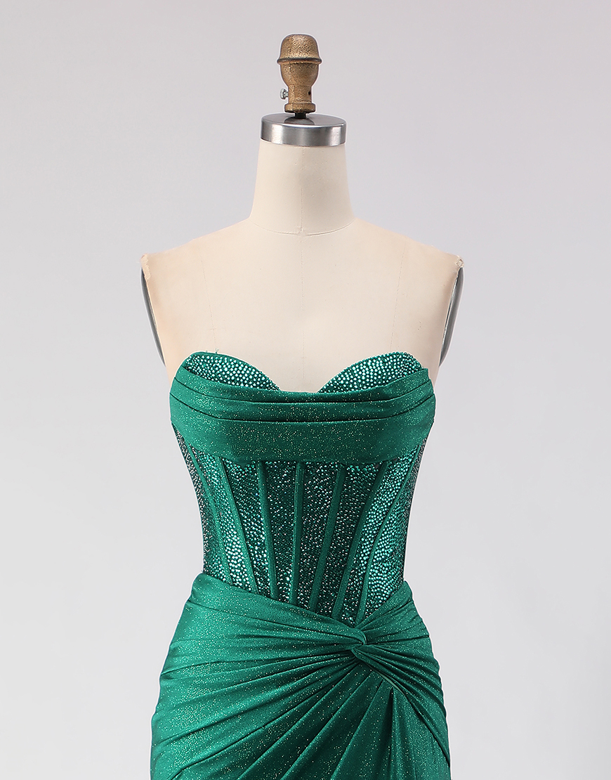Sparkly Dark Green Corset Sweetheart Mermaid Long Prom Dress with Slit
