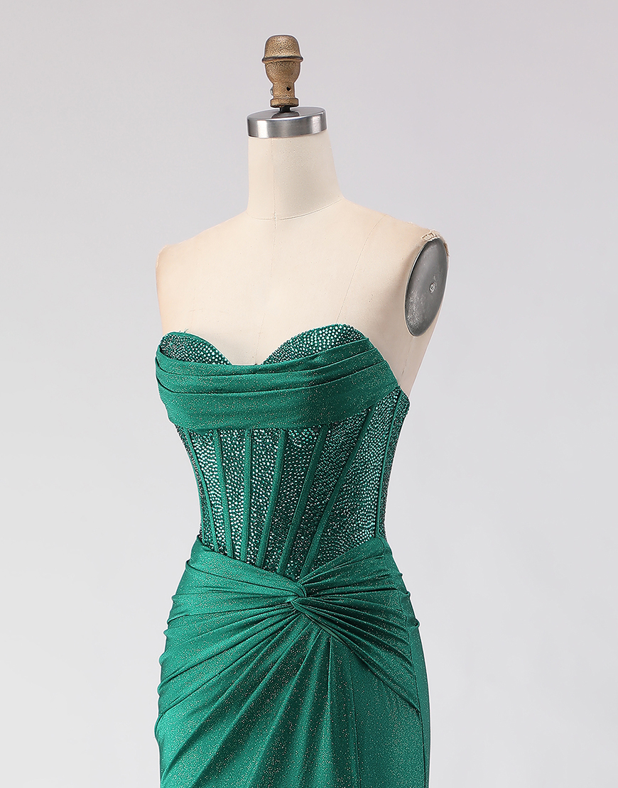Sparkly Dark Green Corset Sweetheart Mermaid Long Prom Dress with Slit