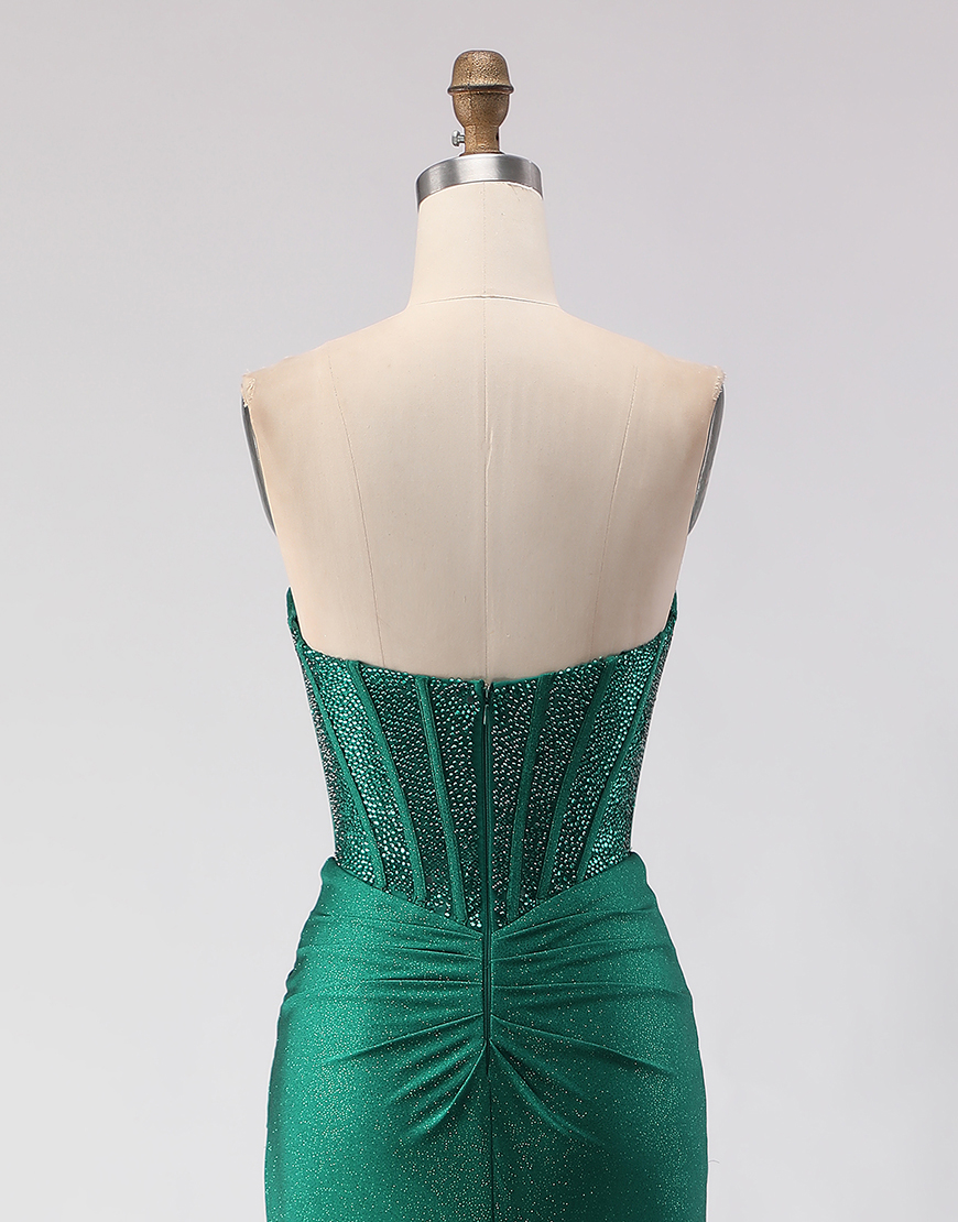 Sparkly Dark Green Corset Sweetheart Mermaid Long Prom Dress with Slit