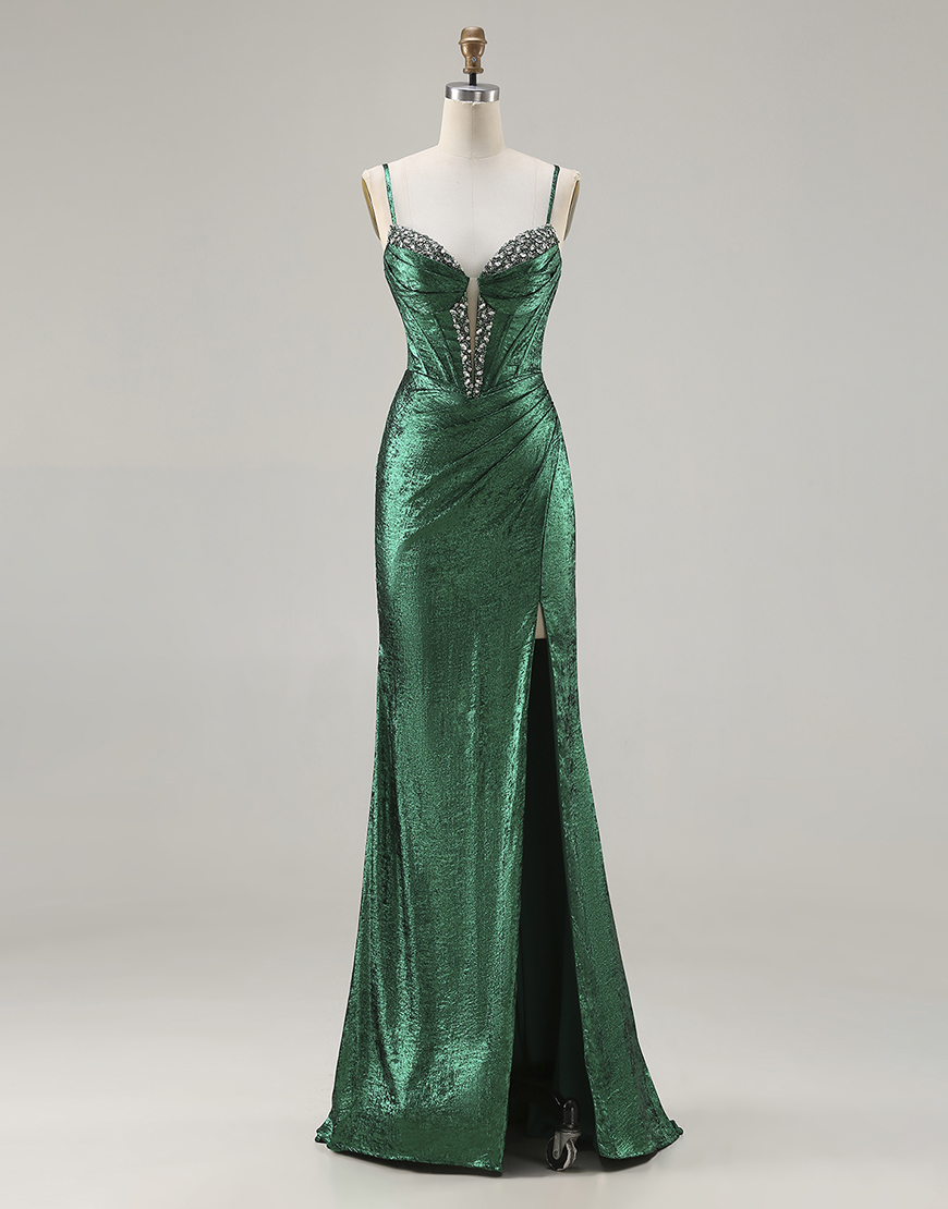 Sparkly Dark Green Corset Beaded Ruched Long Mermaid Prom Dress with Slit
